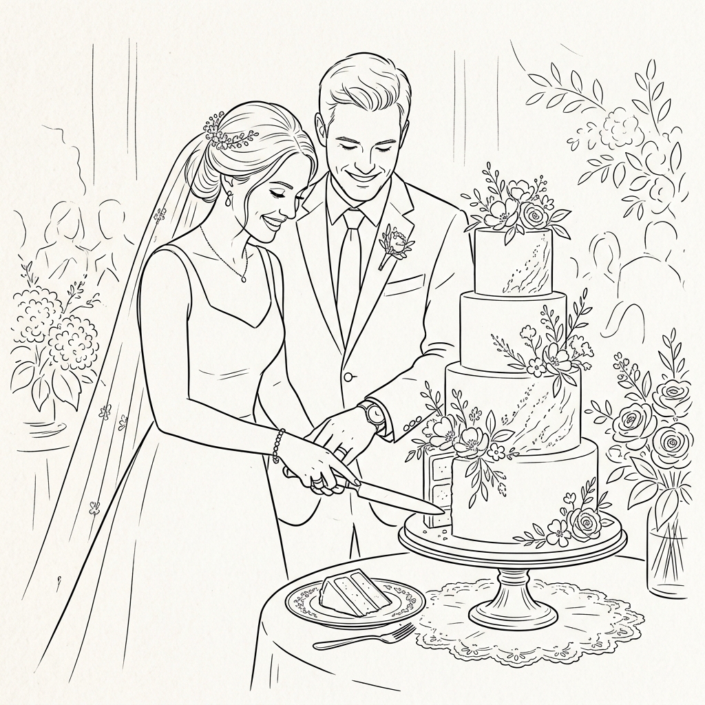 Hand drawn line art illustration of bride and groom cutting tiered wedding cake with floral accents on a wooden banquet table