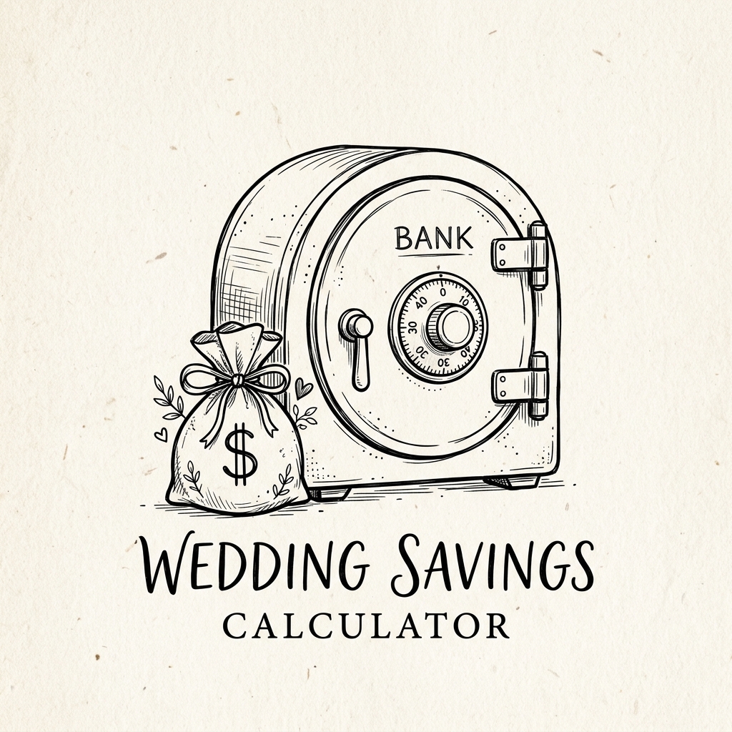Hand drawn line art sketch of a secure bank vault and money bag for wedding financial planning