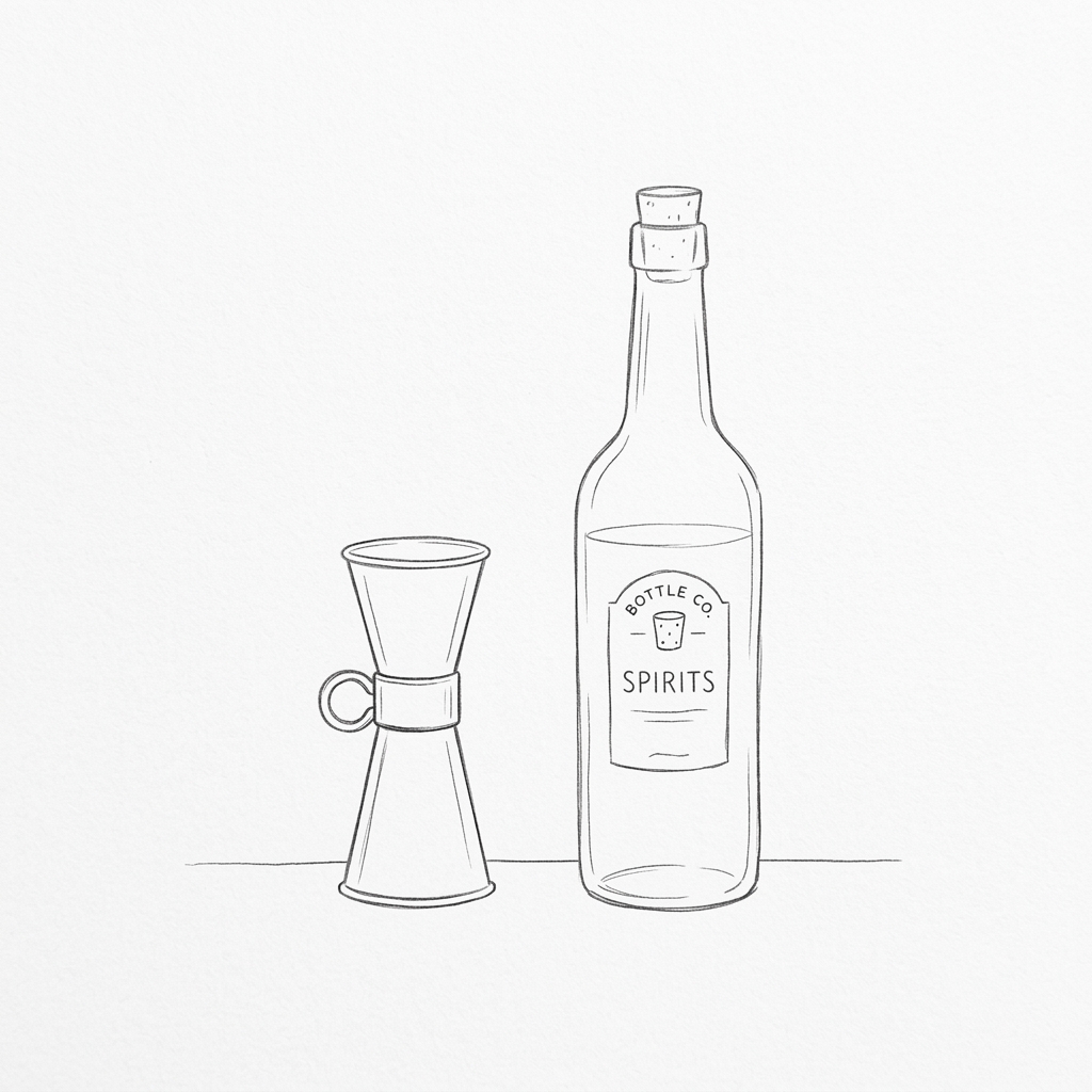 A minimalist black and white hand-drawn sketch of a bartender's measuring cup, jigger, and a spirits bottle used for diluting high-proof alcohol accurately.