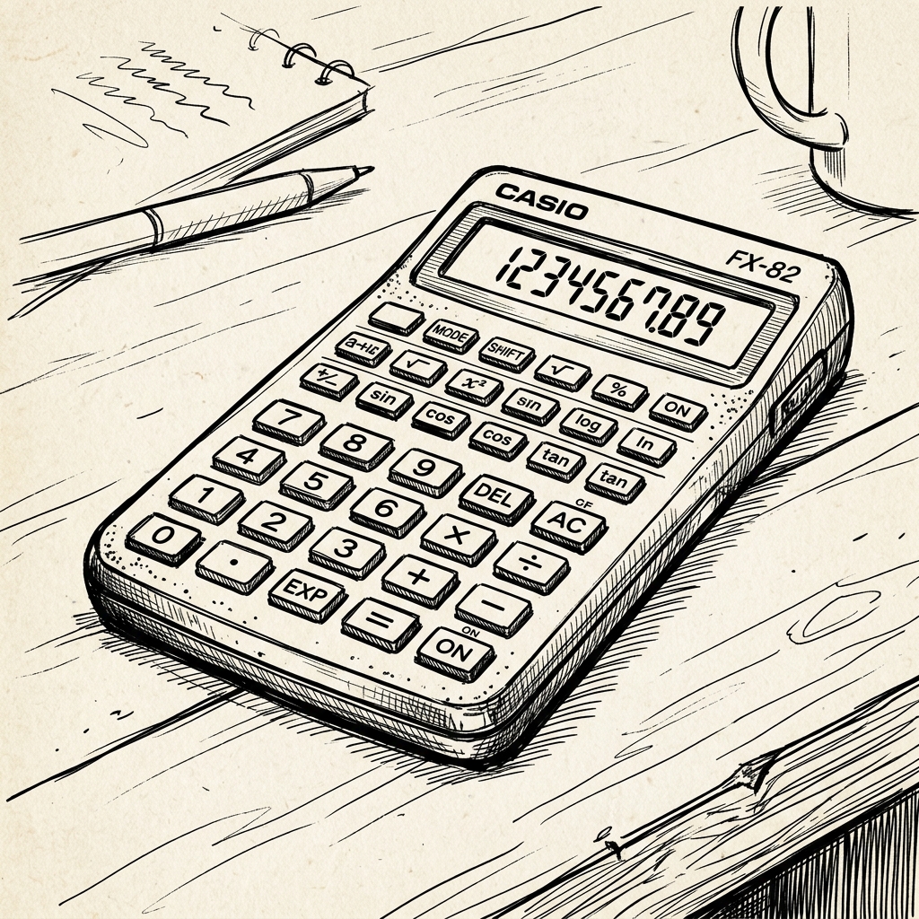 Hand drawn line art sketch of a calculator sitting on a wedding budget planning notebook
