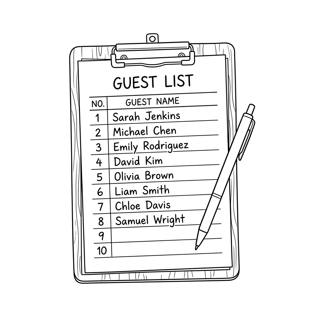 Hand drawn line art sketch of wedding guest list clipboard with pen and address notebook for organized event planning
