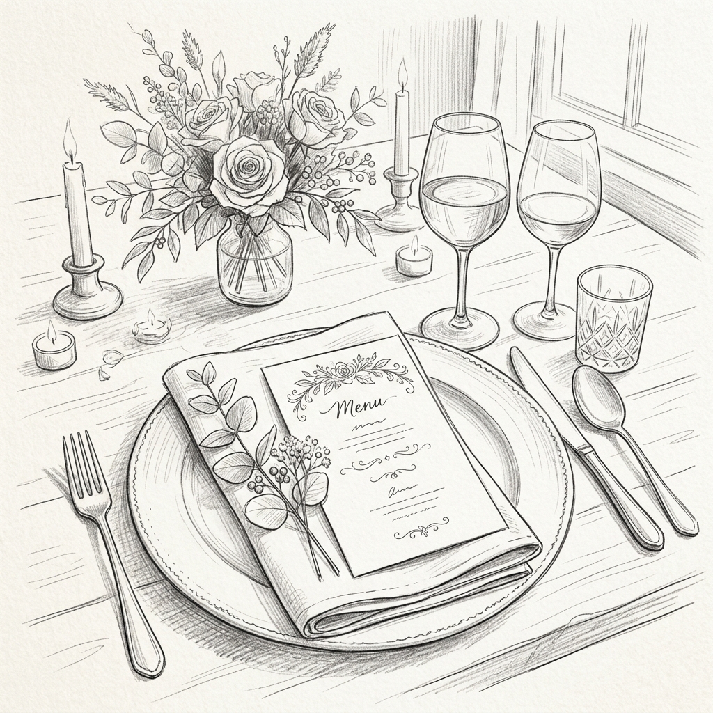 Minimalist black and white hand-drawn sketch of an elegant wedding table setting featuring a custom printed menu card resting against a floral centerpiece with wine glasses