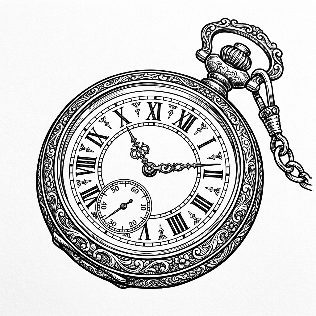 Hand drawn line art pencil sketch of a vintage pocket watch representing perfect timing for a wedding day itinerary