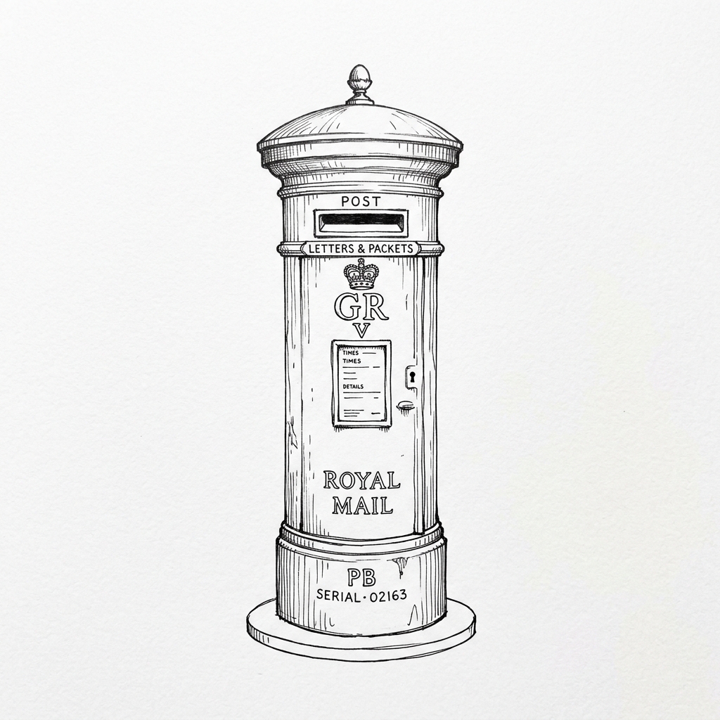 A beautiful vintage hand-drawn ink sketch of a Royal Mail postbox representing mailing wedding invitations and RSVP date calculator