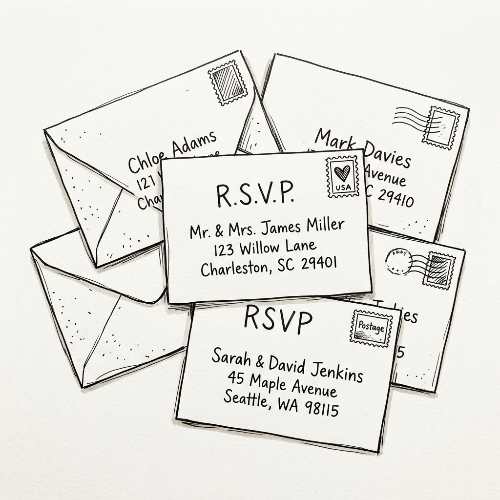 Hand drawn line art sketch of wedding invitation envelopes representing digital e-invites and instant online RSVP tracking