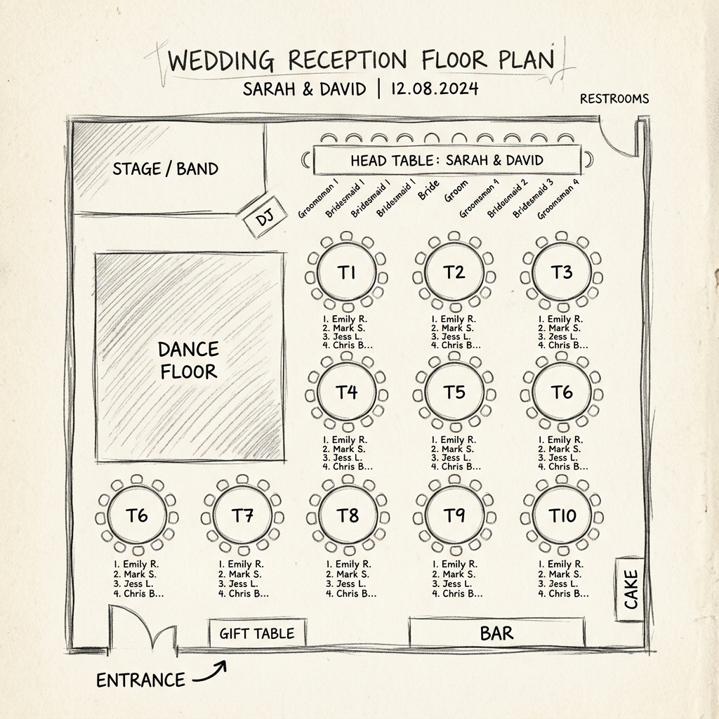 Hand drawn line art pencil sketch of a wedding reception seating chart floor plan with round banquet tables and a sweetheart table