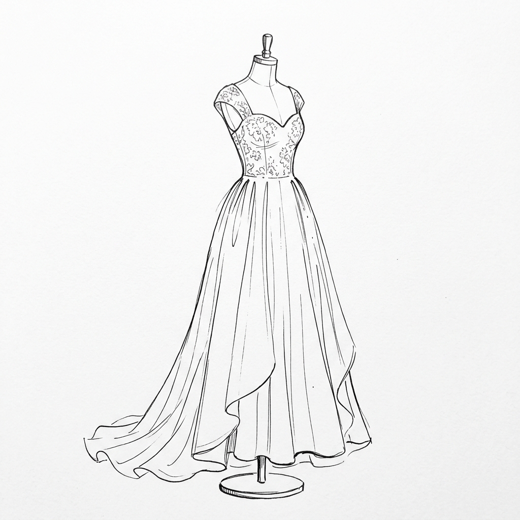 Hand drawn line art sketch of a wedding gown displayed on a tailor mannequin for alterations