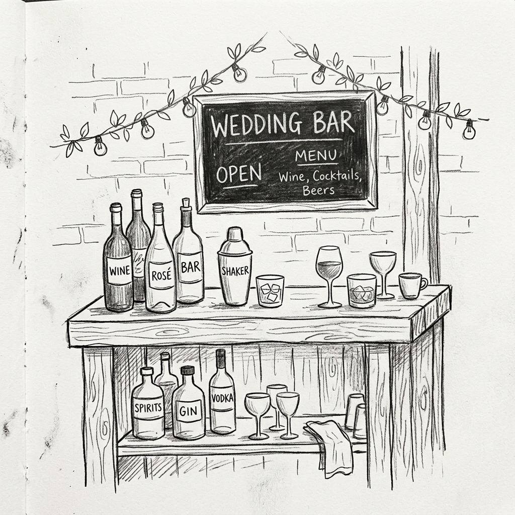 Hand drawn line art sketch of a wedding banquet bar and catering setup