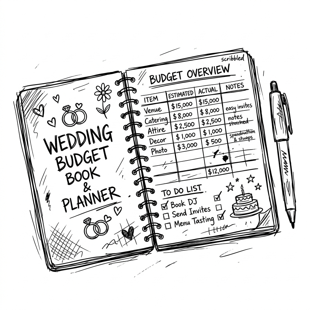 A messy hand-drawn sketch of a wedding budget book and planner with a pen resting on it, symbolizing the rough work of wedding guest count estimation